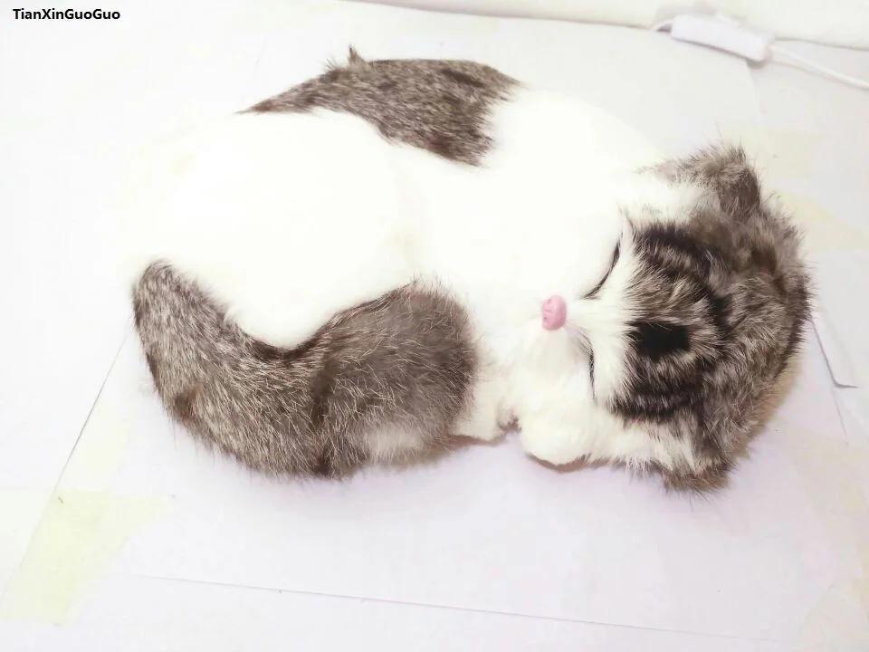 

simulation gray-white cat hard model prop large 25x20cm furs sleeping cat ,home decoration toy gift s1515