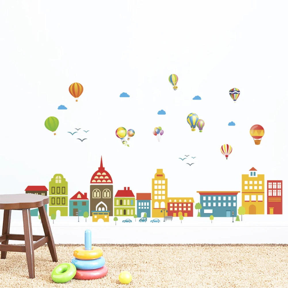 Balloons White clouds city building wall stickers For kids rooms decals children bedroom kindergarten Decoration art wall Decals