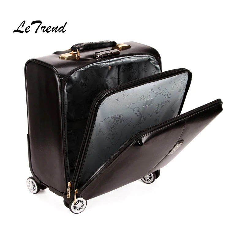 Letrend Business Rolling Luggage Spinner Cabin Trolley Bag 18 inch Wonmen Carry On Suitcases Wheels Travel Bag Men Leather Trunk