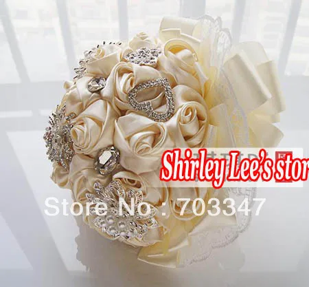 Popular Items!!! Luxury Handmade Ribbon Rosebuds  Rhinestone Buckle Bride Holding Flower Bouquets Shiny In Cream