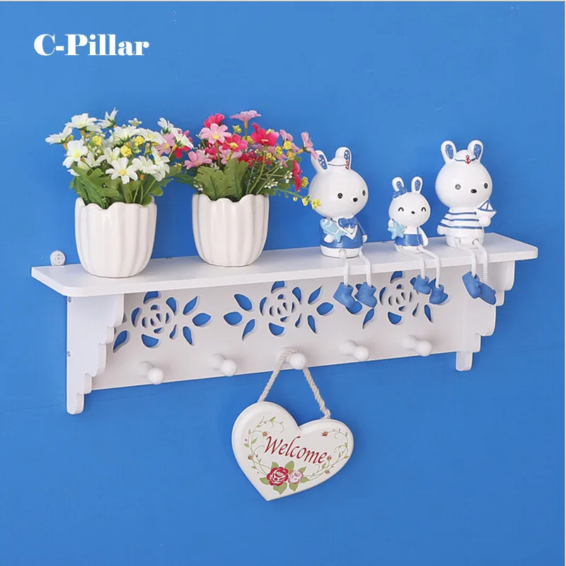 2Types Decorative Wood Wall Shelf with Hooks Rural Coat & Clothes Hanging Storage Rack Shelves Holders for Bedroom Living Room