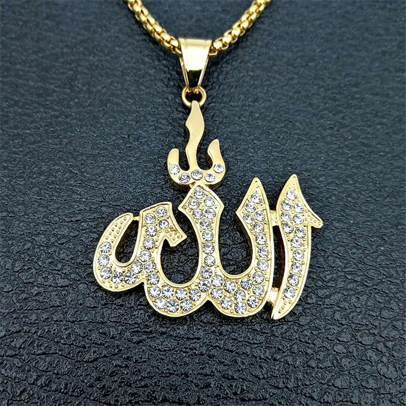 Dropshipping Hip Hop Iced Out Bling Islamic Allah Pendants Necklaces For Women And Men Stainless Steel Muslim Jewelry Wholesale
