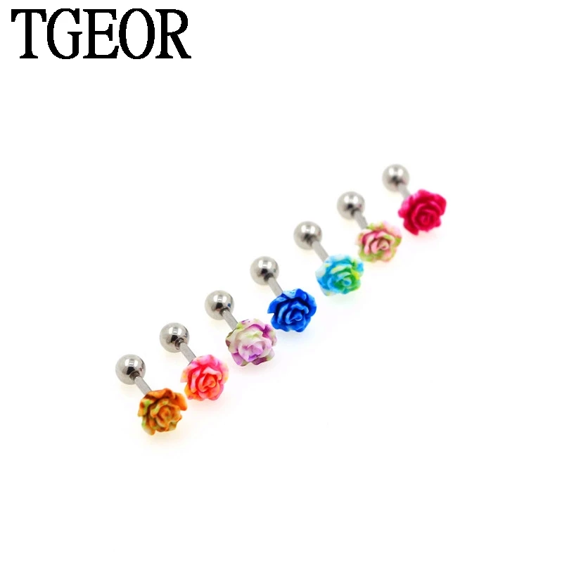 Retail  Charm earring 1 pair  16G acrylic double color ROSEFLOWER STAINLESS STEEL tragus ear piercing