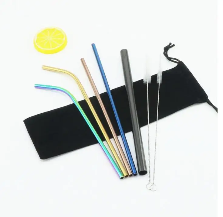 100set 7pcs/set Reusable Metal Drinking Straws 304 Stainless Steel Bent Straight Drinks Straw With Cleaning Brush for Bar SN1903