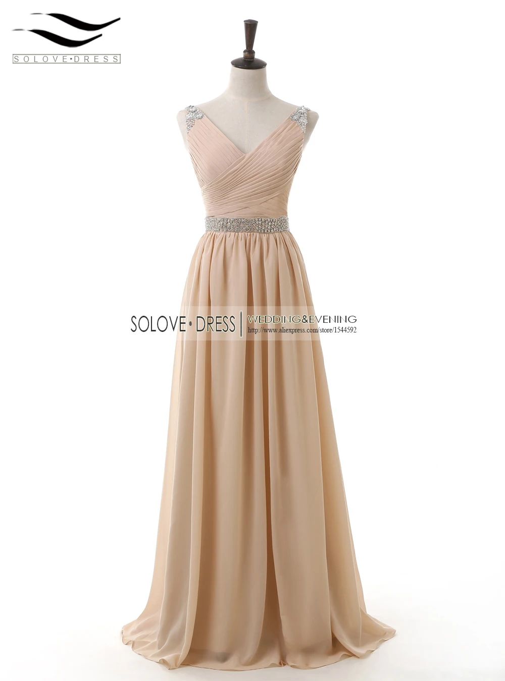 

New Elegant A Line V-neck Pleat Sleeveless Chiffon Beads Crystals Long Evening Dress Forma Woman Dresses Vestidos Longo (E100)