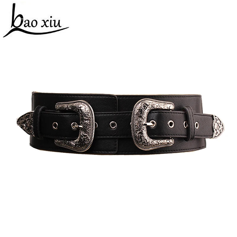 

2019 new leather wide vintage belts For Women Silver Double Buckle Faux Leather Belts Designer Vintage PU Leather Western Belts