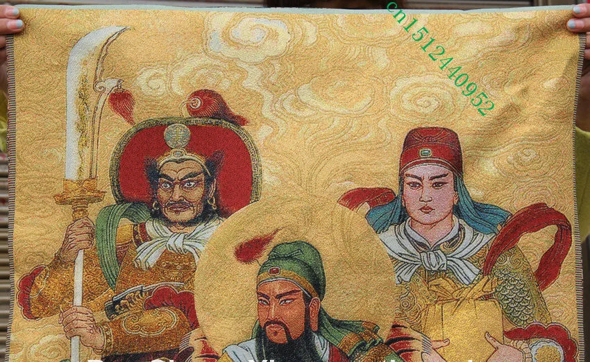 36 inch Chinese Silk embroidery Guan Gong Yu Warrior God 2 Guards Thangka Paintings Mural