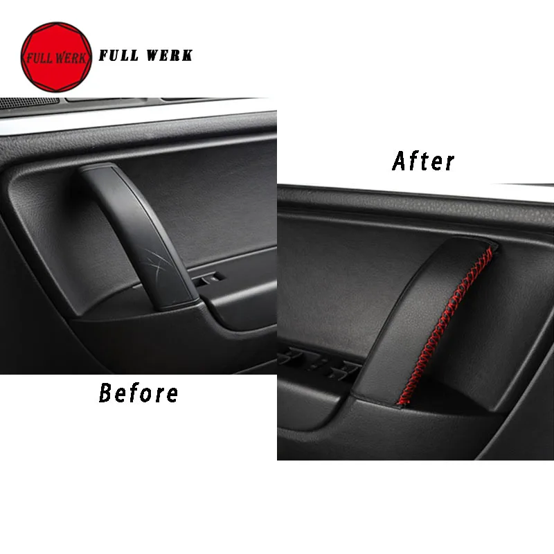 Leather Car Interior Door Handle Cover Hand Sewing Door Panel Handle Pull Trim Cover Protector for VW Touareg 2011-2018 Accessor