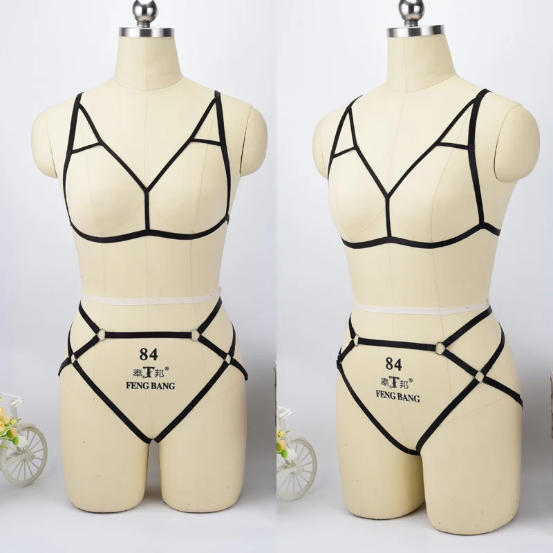 Body Harness suit Sexy Adjustable Body Harness Set Black Cage Bra Bottom Panties Fetish Wear Rave Bondage Body Harness Cage