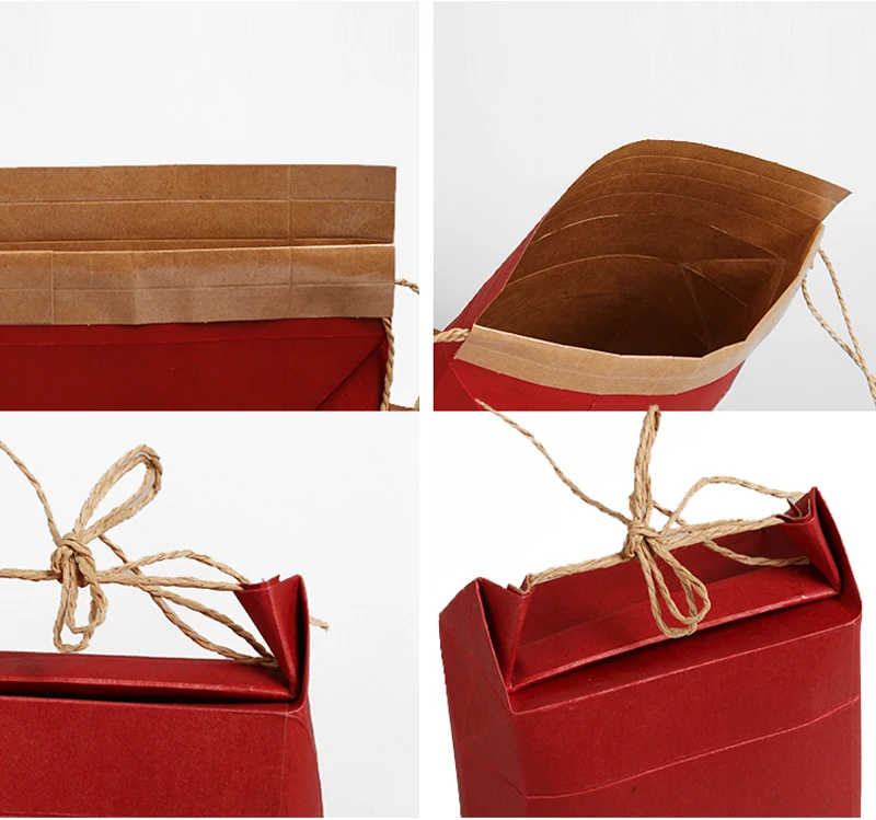 10pcs Moistureproof Red Brown Kraft Paper Gift Bags Box Clear Window Standing Up Kraft Paper Packaging Bag with Rope Handle