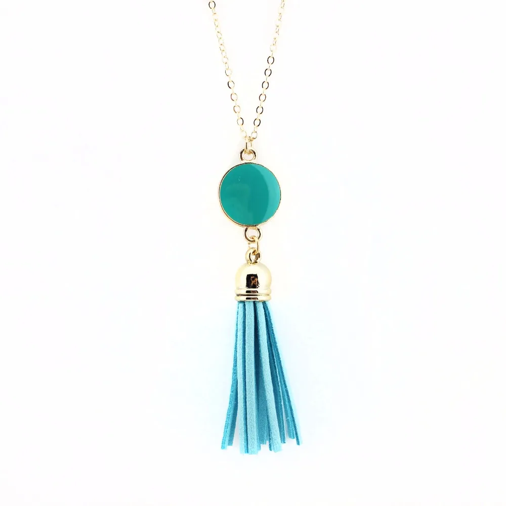 Monogram Enamel Disc Leather Tassel Long China Pendant Necklace for Women Fashion Jewelry