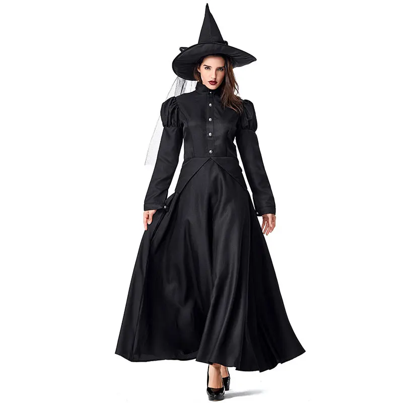 Halloween Wizard Cosplay Costume Kids Adult Halloween Women Deluxe Wicked Witch Costume Black Full Length Dress