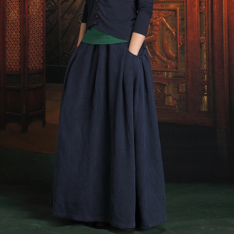 Autumn and Winter Female Vintage Casual Plus Size 6XL 7XL Thick Cotton Linen Folds Long Skirts for Womens Skirt with Pocket