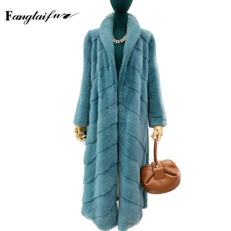 

Ftangaiur Winter Women Import Velvet Mink Fur Coat Turn-Down Collar Mink Coats Women's Medium Wave Cut Real Mink Fur Coats