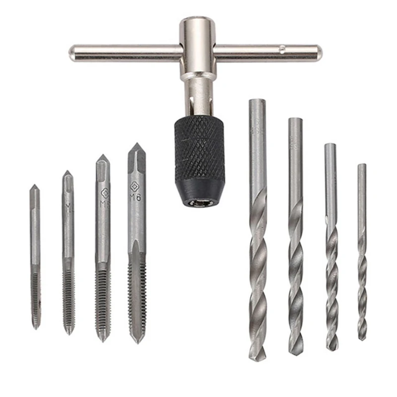 9pcs/Set T Type Machine Hand Screw Thread Taps Reamer M3/M4/M5/M6 Reamer Tap Wrench+Twist Drill Bits Wrench Tool