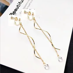 New Design Gold Color Long Wave Tassel Cubic Zircon Clip on Earrings Non Piercing for Women Elegant Pierced Earrings Bijoux