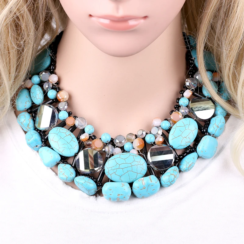 Popular High-end Statement Turquoise Necklace, Fashionable Handmade Crystals Beaded Bib Choker Necklaces for Women Party Jewelry