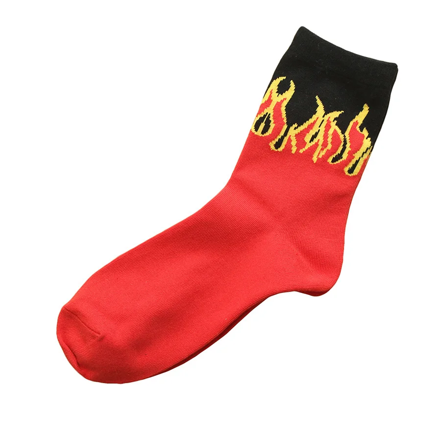 Unisex Fashion Hip Hop Design Red Flame Pattern Crew Socks Lifelike Jacquard Fire Socks Classic Street Skateboard Long Socks