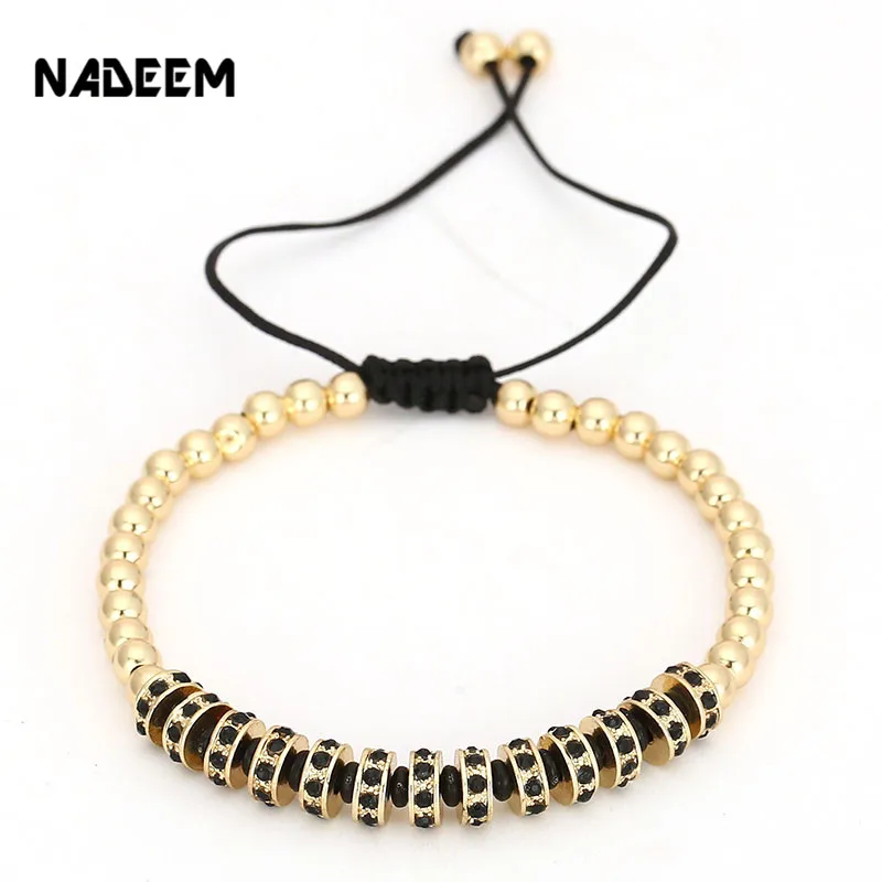 NADEEM 2017 New Trendy Men Women\'S Braided 6MM Gold Color Micro Pave Black CZ Circle Charm Bead Strand Macrame Bracelet Jewelry