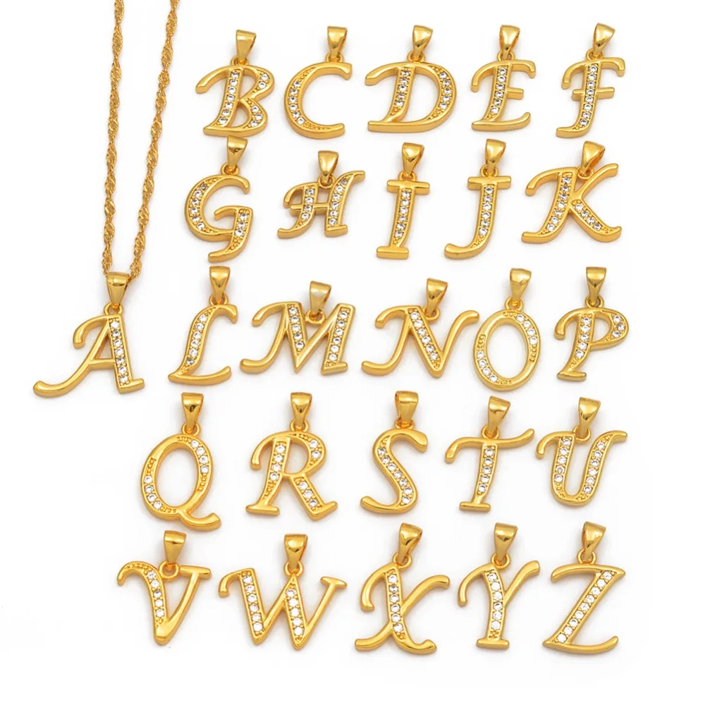 Anniyo A-Z Letters Necklaces Gold Color Alphabet Initial Pendant Chain Women Girl Cubic Zirconia English Letter Jewelry #040602