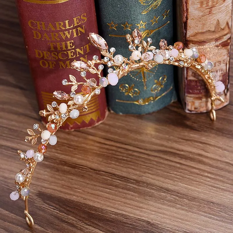 Women\'s Elegant Crowns Pink Crystal Rhinestone Floral Tiaras Metal Wedding Hair Jewelry Vintage Headpiece Bride Hairband
