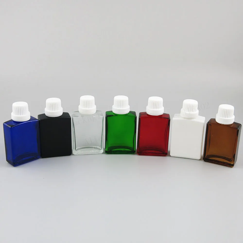 200 x 30ml 1oz Flat Square Black white clear red blue green Glass Bottle With Silver Black Aluminium lids and Seal