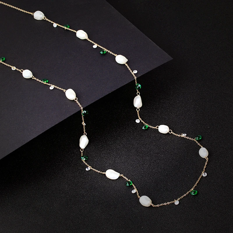 Luxury Irregular Freshwater Pearl dot beaded necklace for women Green Crystals stone Long chain choker women jewelry girl gift