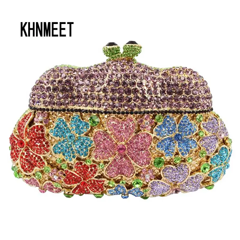 

KHNMEET Designer evening bags Golden Unique women clutch bag Hollow Out party purse luxury crystal ladies dinner handbag SC152