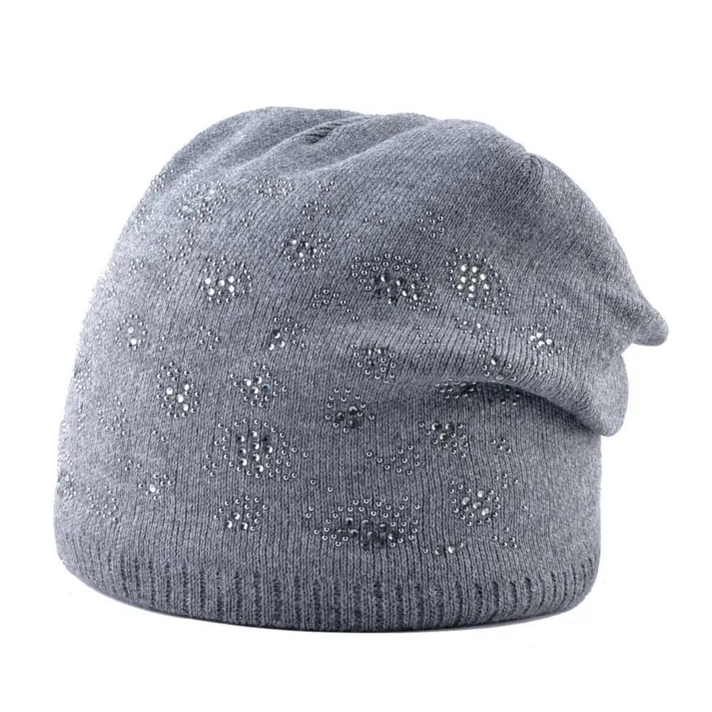 Women\'s Winter Hats Ladies New Fashion Rhinestone Knitted Beanies Women Solid Skullies Bonnet Female Double Layer Warm Knit Caps