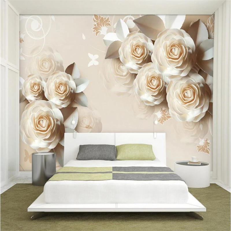 Custom Photo 3D Fresco Wall Sticker with Carved Rose Design Romantic Relief TV Background Wall Paper for Home Decor
