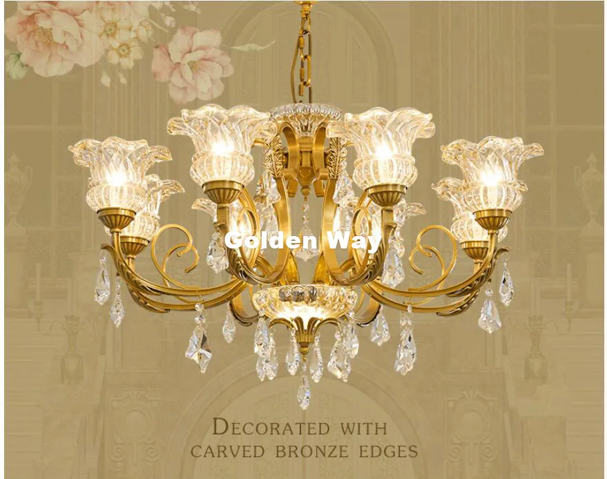 

Free Shipping Crystal Chandelier Brass Hanging Lamp Luxurious European E14 AC LED Brass Crystal Lamp Lustre Suspension Lighting