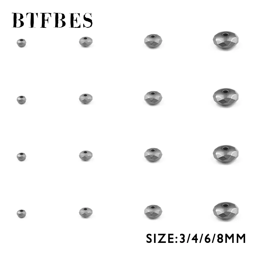 BTFBES Faceted Flat Round Matte Black Hematite Beads Natural Stone 3/4/6/8mm Round Loose Beads For Jewelry Bracelet Making DIY