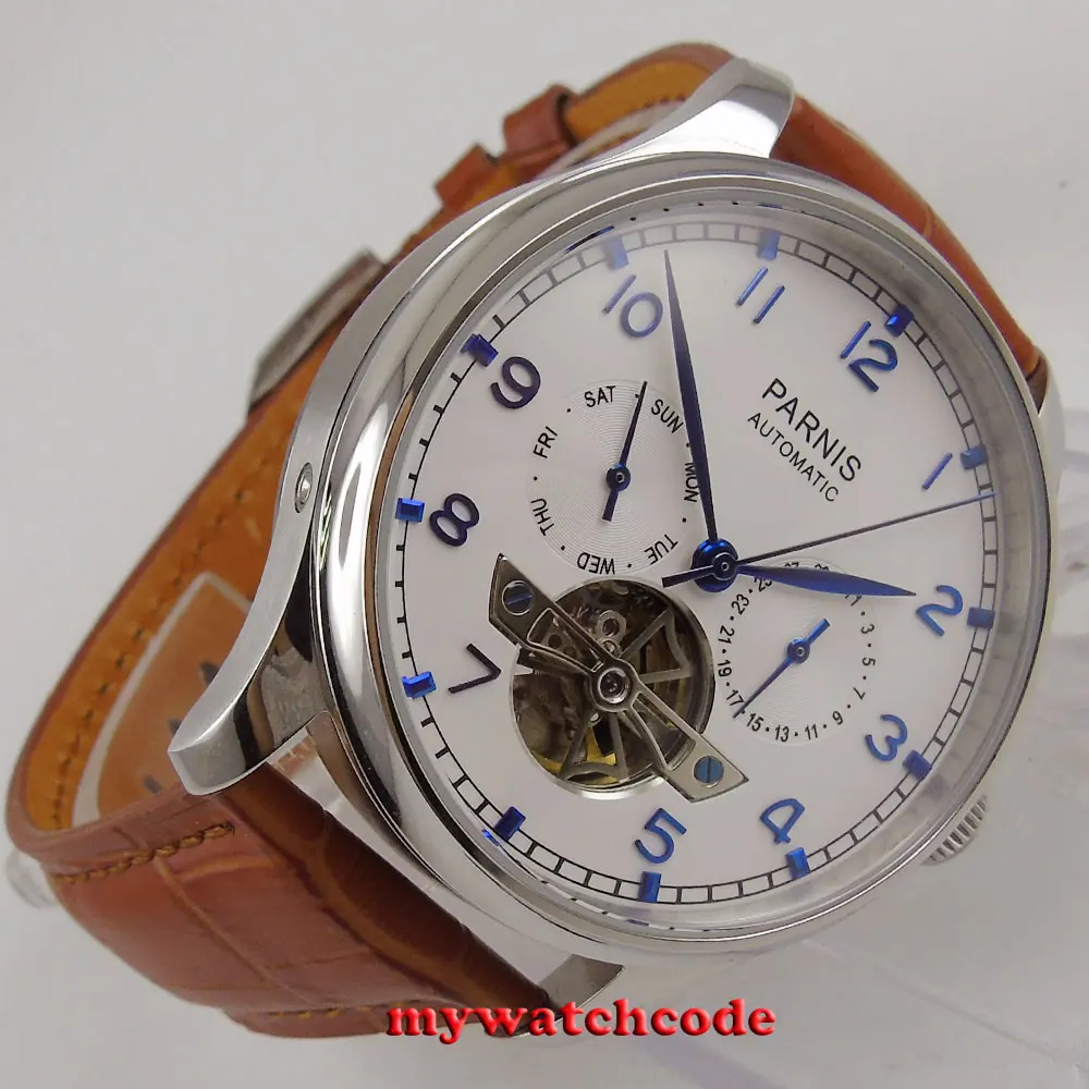 43mm parnis white dial date brown strap ST2552 automatic movement mens watch 902