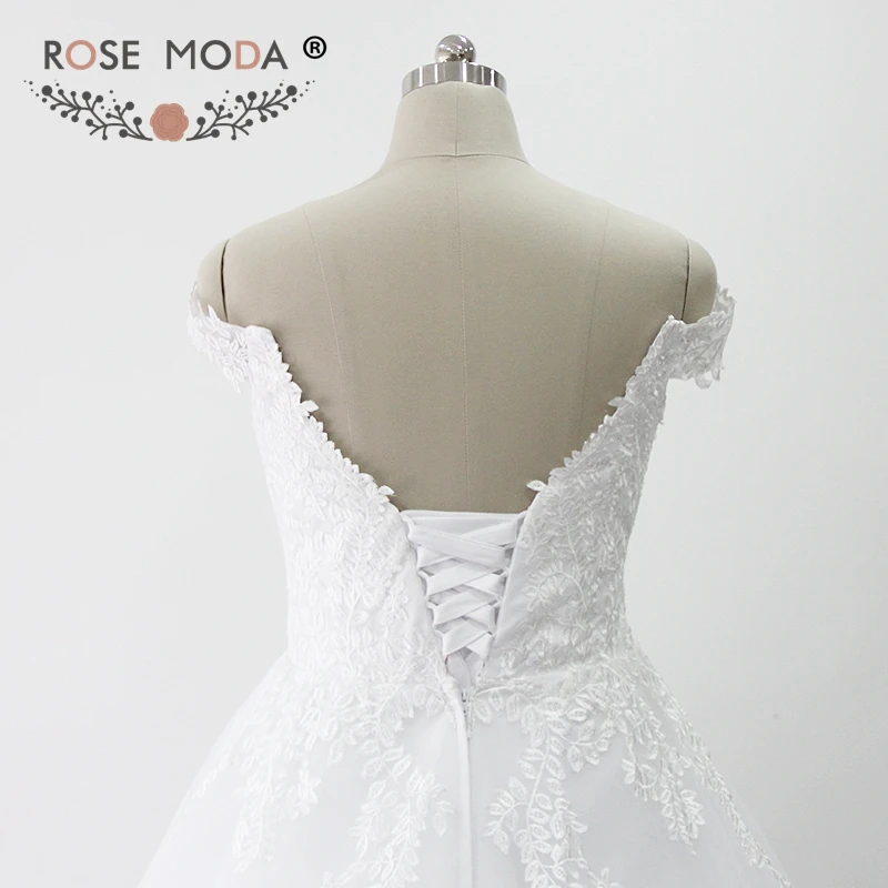 Rose Moda Pháp Ren Bóng Gown Tắt Shoulder V Neck giáo Wedding Dress Cộng Với Kích Thước với Hoàng Gia Train Lace Up trở lại