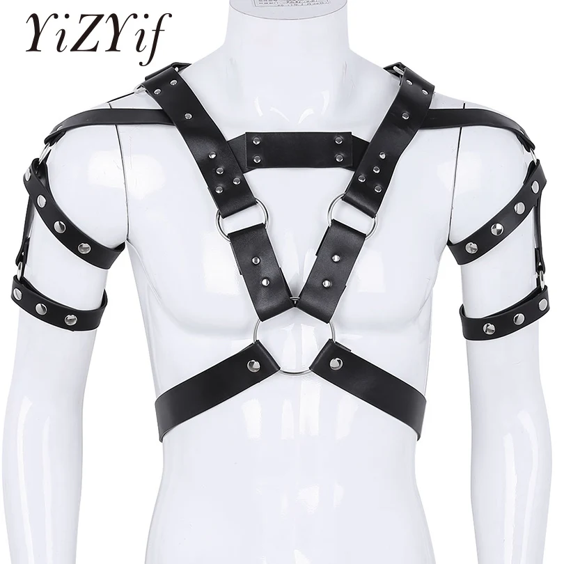 YiZYiF Harness Men Fetish Zentai Adjustable PU Leather Metal Rivet Studs Body Chest Shoulder Half Harness Belt Arnes Gay Costume