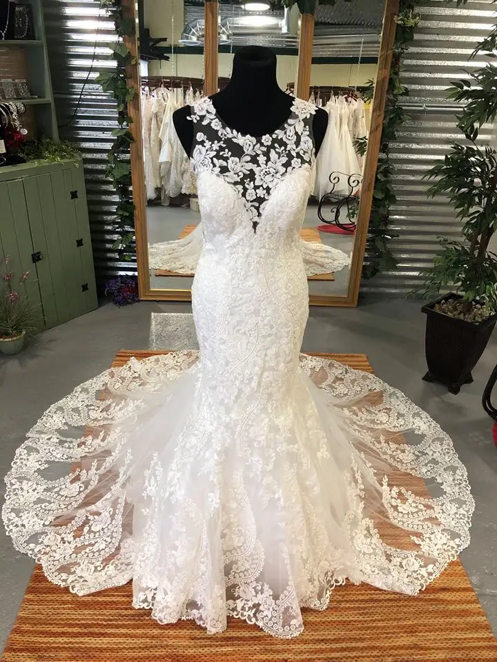 Lace Mermaid Wedding Dresses 2019 Long Train Crew Neck Fit and Flare vestido de noiva Romantic robe de soiree