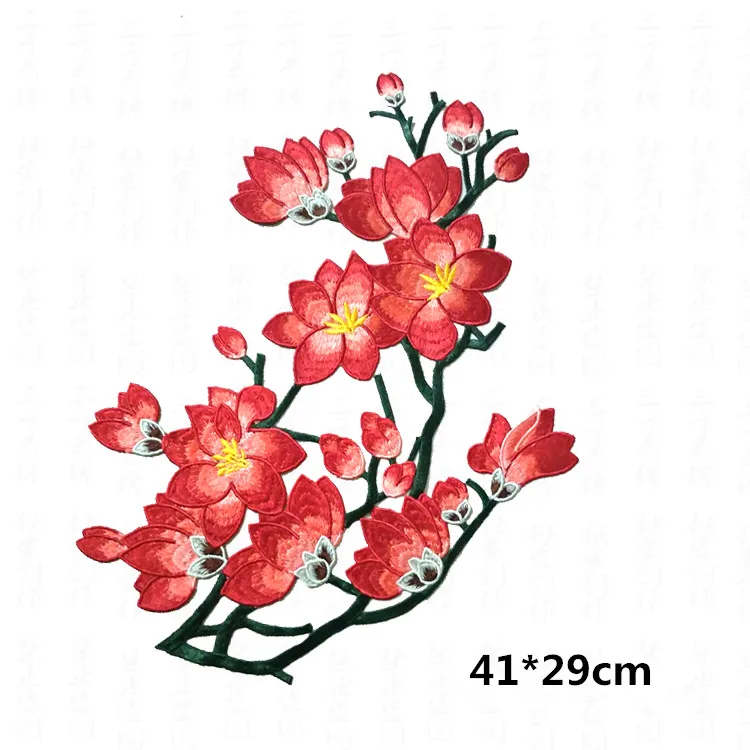 Red Magnolia Flower Embroidery Patches Sticker for Clothes Parches Para La Ropa Applique Embroidery Flower Patches