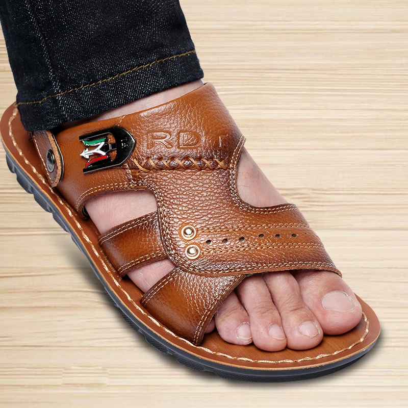 Sandalias de cuero genuino para hombre, zapatos de verano para hombre, sandalias informales para exteriores, zapatos de playa de piel de vaca, sandalias de dos usos para hombre, zapatillas