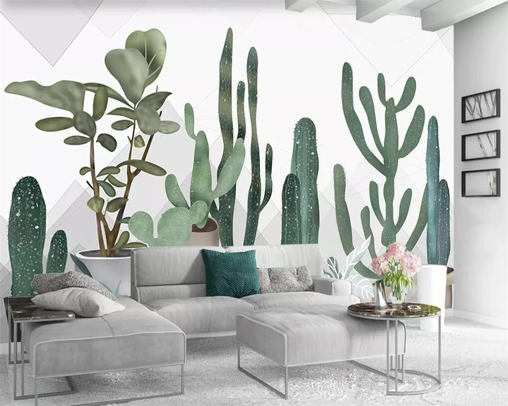 

Beibehang wallpaper Nordic small fresh hand-painted cactus geometric living room TV background wall decoration 3d wallpaper