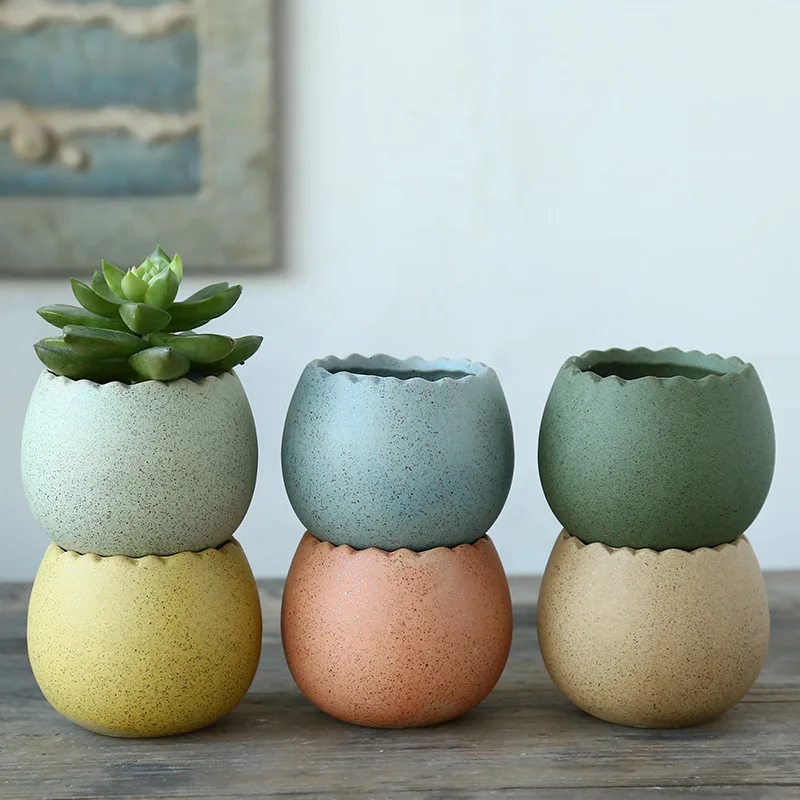 

Fleshy Plant Flowerpot Cute Mini Egg Shape Home Deco Tabletop Decoration Landscape Plants Ventilation 6*7cm 6colors Ceramic