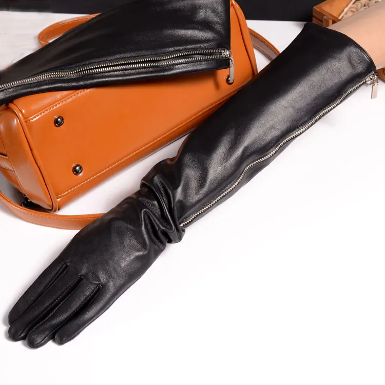 NEW Brand 2024 Winter Women Genuine Leather 50cm Black Long Gloves With Zipper Evening Party Opera Luva Mujer Punk Rock Mitten