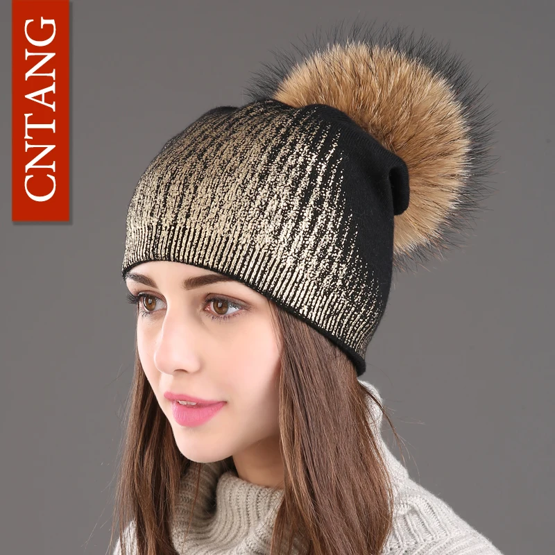 2024 New Winter Beanies Ladies Knitted Wool Warm Hats Fashion Pom Pom Real Raccoon Fur Caps Skullies Hat For Women Print Fur Cap