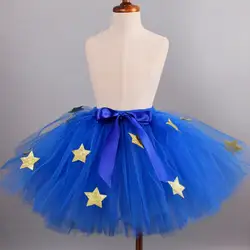 Girls Fluffy Tutu Skirt Royal Blue w Gold Glitter Stars Baby Birthday Party Skirt Girl Summer Skirt Dance Kids Halloween Costume