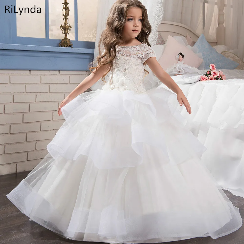 Branco marfim vestido da menina de flor reboque inchado vestido de festa de casamento menina primeira comunhão eucaristia participou princesa renda eve