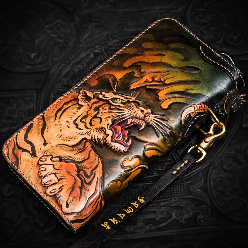 High-grade Handmade Carving Fierce Tiger Wallets Zipper Purses Men Long Clutch Vegetable Tanned Leather Wallet Card Holder