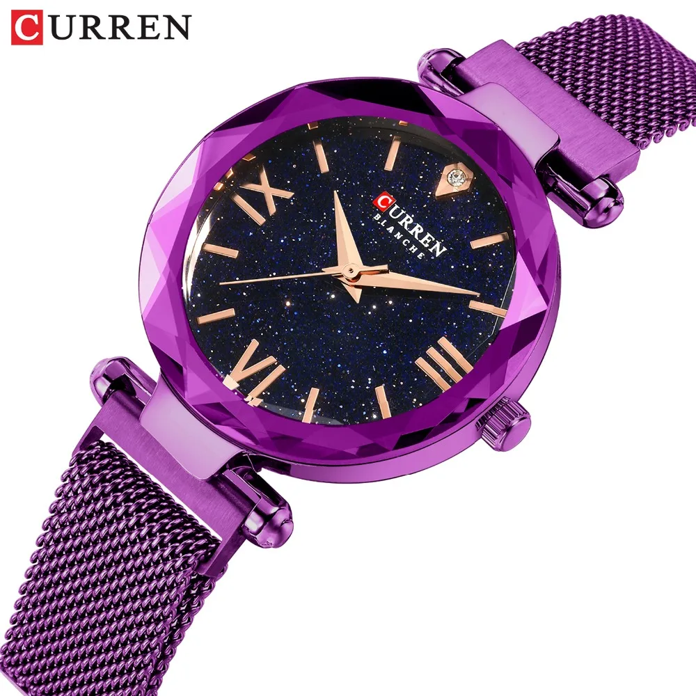 CURREN Luxury Diamond Ladies Watches Fashion Creative Women Wristwatch Romantic Starry Sky Quartz Watch Valentine Gift Purple