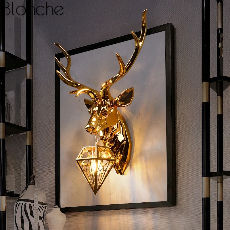 

American Retro Gold Deer Wall Lamp Antlers Wall Light Fixtures Living Room Bedroom Bedside Lamp Led Sconce Home Decor Luminaire