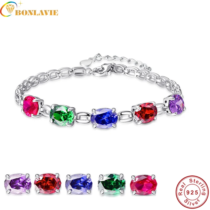 

BONLAVIE 100% 925 Sterling Silver Amethyst Garnet Emerald Bracelets & bangles handmade Multi-Color 5pcs Gemstone s925 Bracelets