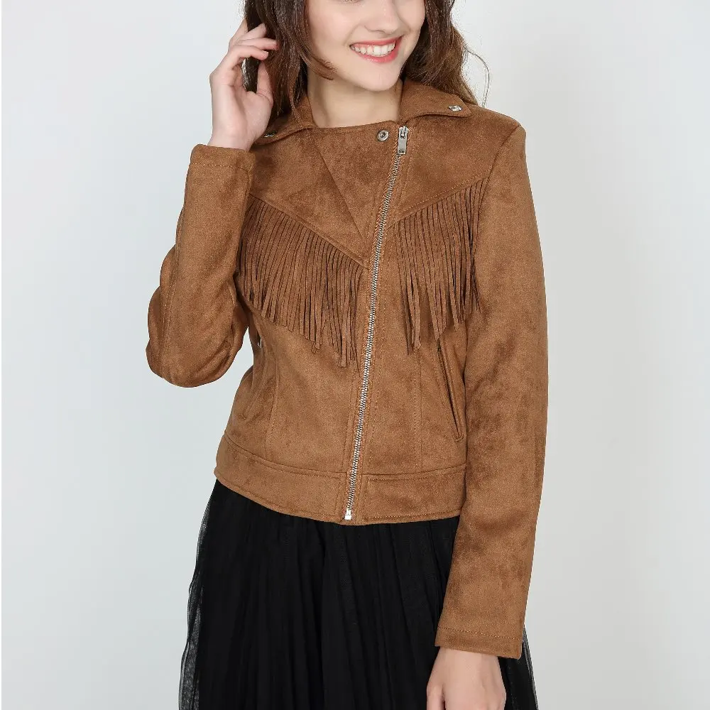 Donne New Long Sleeve Torna Nappe Lungo Nappe In Pelle Giacca il Misfit Fringe Colore Marrone Fidanzato di Stile dell'unità di ELABORAZIONE del Rivestimento Sottile cappotto