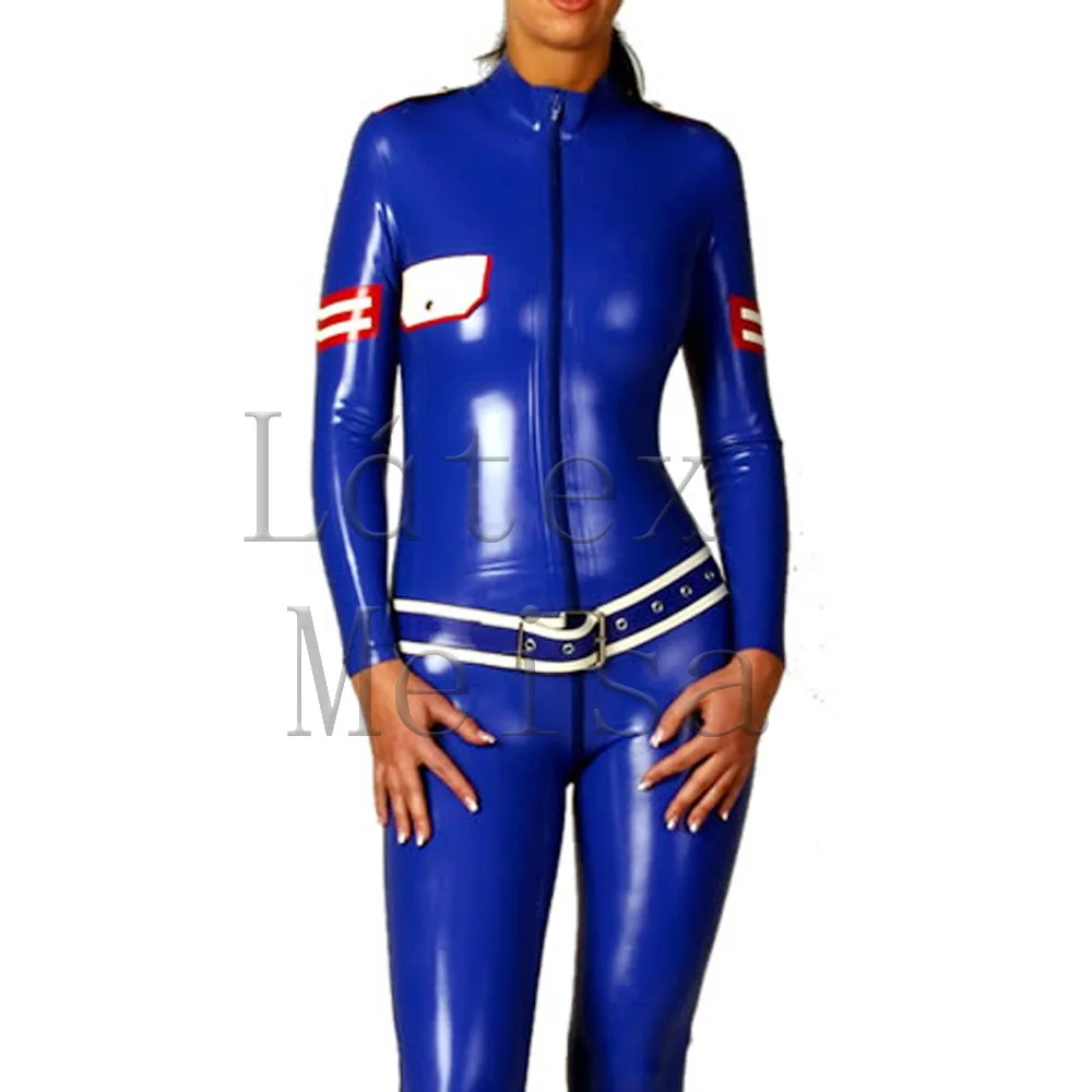 

0.4mm thickness 100% natural latex uniform catsuit attached front zip to back waist no belt in blue color for women